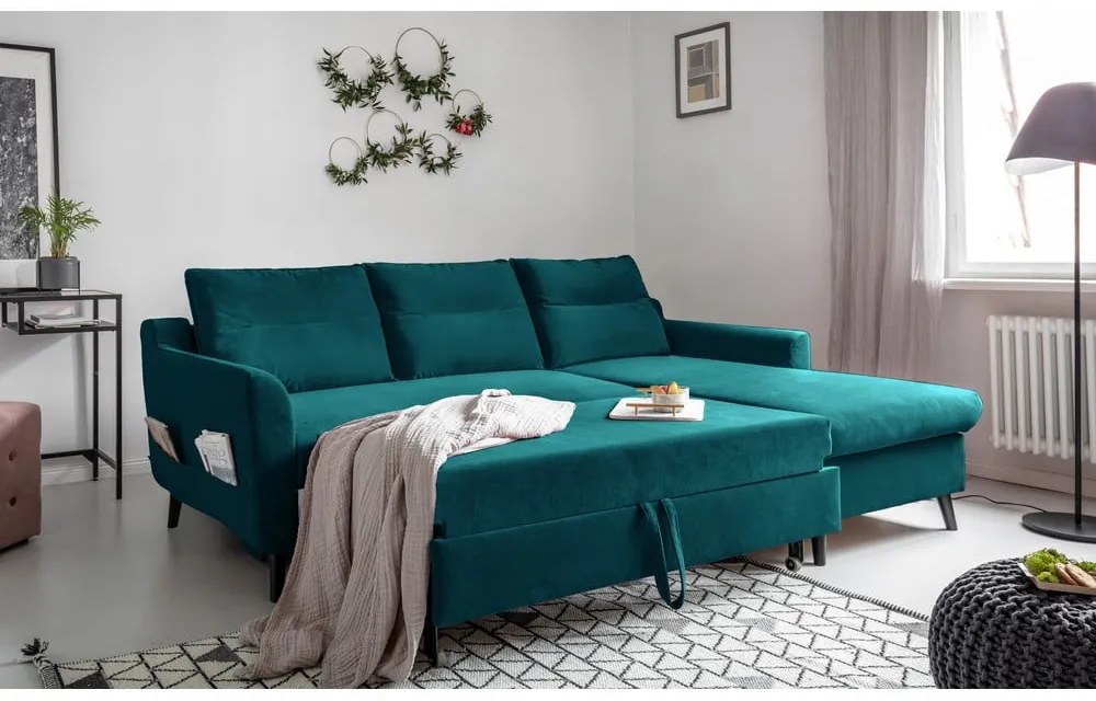 Colțar extensibil din catifea cu șezlong pe partea dreaptă Miuform Stylish Stan, turcoaz