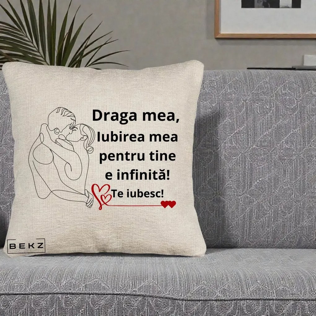 Cadou pentru Iubita - Perna Personalizata Draga Mea Iubirea Mea pentru Tine e Infinita Te Iubesc, 40x40 cm, Bej Canapea, Husa Detasabila, Perna Inclusa, BEKZ®