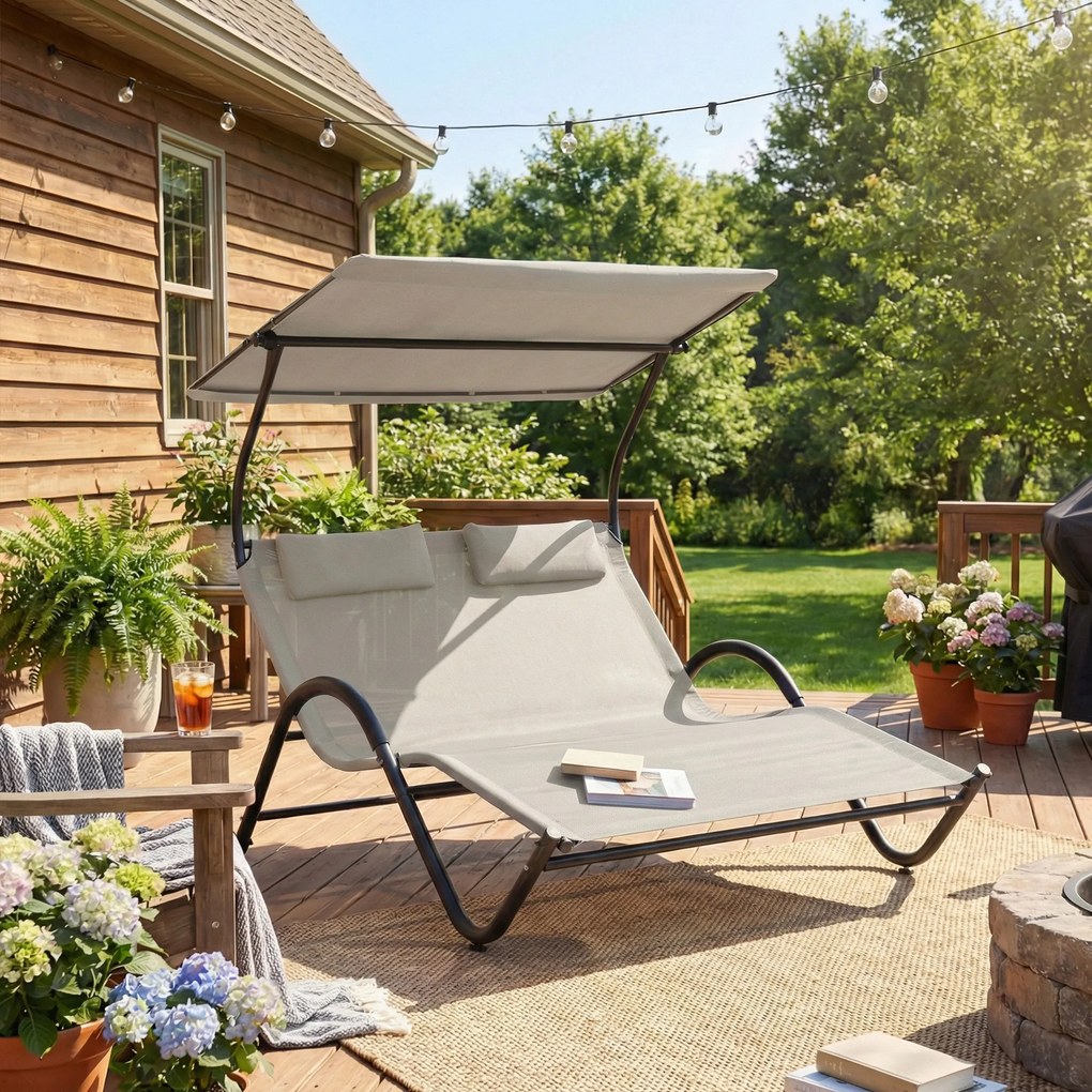 Outsunny Șezlong cu acoperiș, pernă și roți, oțel și poliester cremă | Aosom Romania