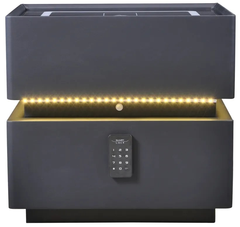 Noptieră inteligentă multifuncțională, sertar tip seif cu parolă, încărcare Wireless, difuzor Bluetooth, iluminare LED touch în 3 culori, Negru