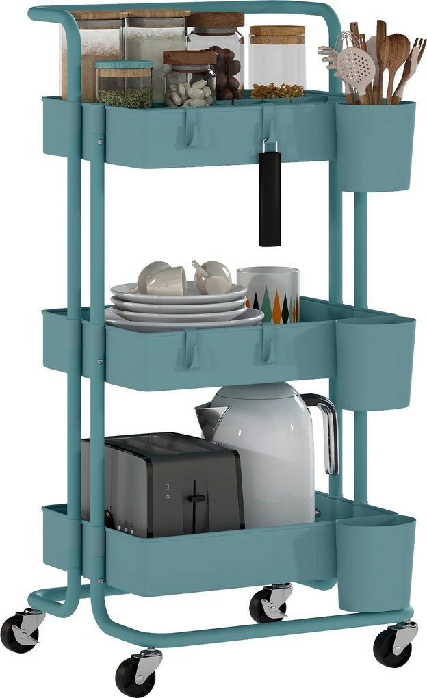 HOMCOM Cărucior cu 3 nivele etajeră cu 4 cârlige și 3 cutii suspendate amovibile pentru 42 x 38 x 86,5 cm albastru-verzui | Aosom Romania