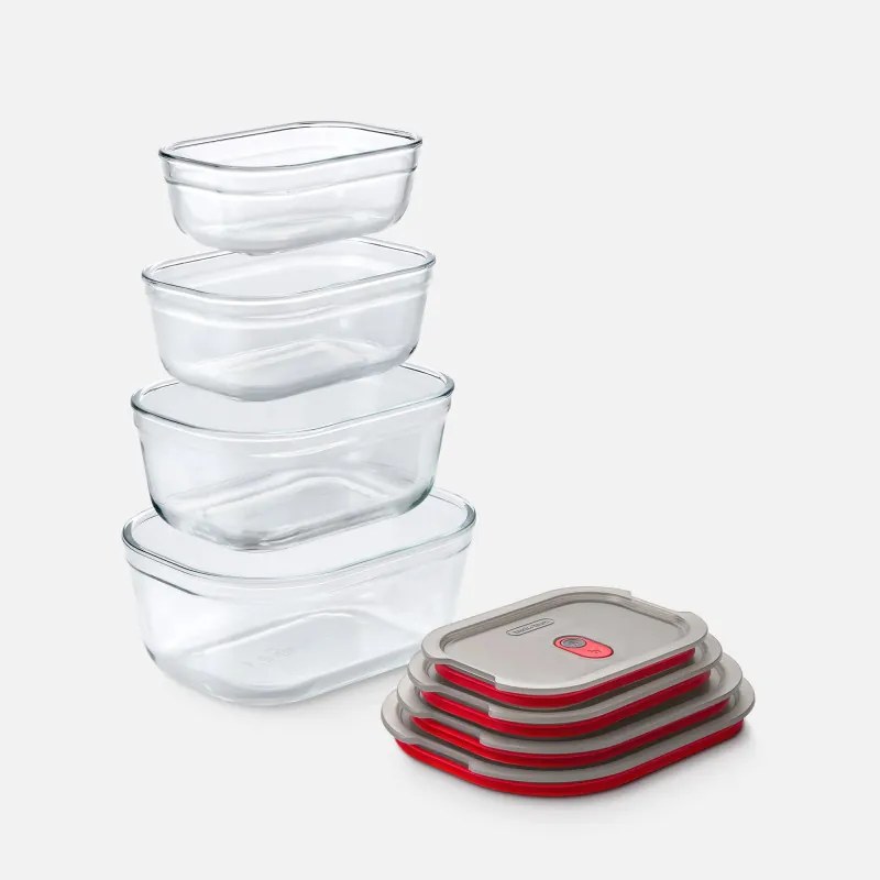 Set de 4 cutii pentru alimente Black+Blum Stack+Nest FBGR-BX-PACK4, 0,38/0,6/0,9/1,2 l, Dreptunghiulare, Potrivite pentru microunde, Fara BPA, Otel inoxidabil, Gri/Rosu