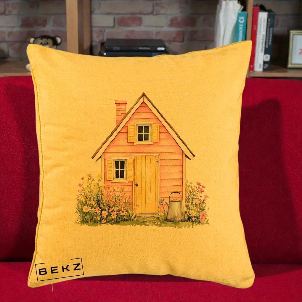 Perna Decorativa Casuta Roz Acuarela cu Gradina, 40x40 cm, Galben, Husa Detasabila, Perna Inclusa, BEKZ®