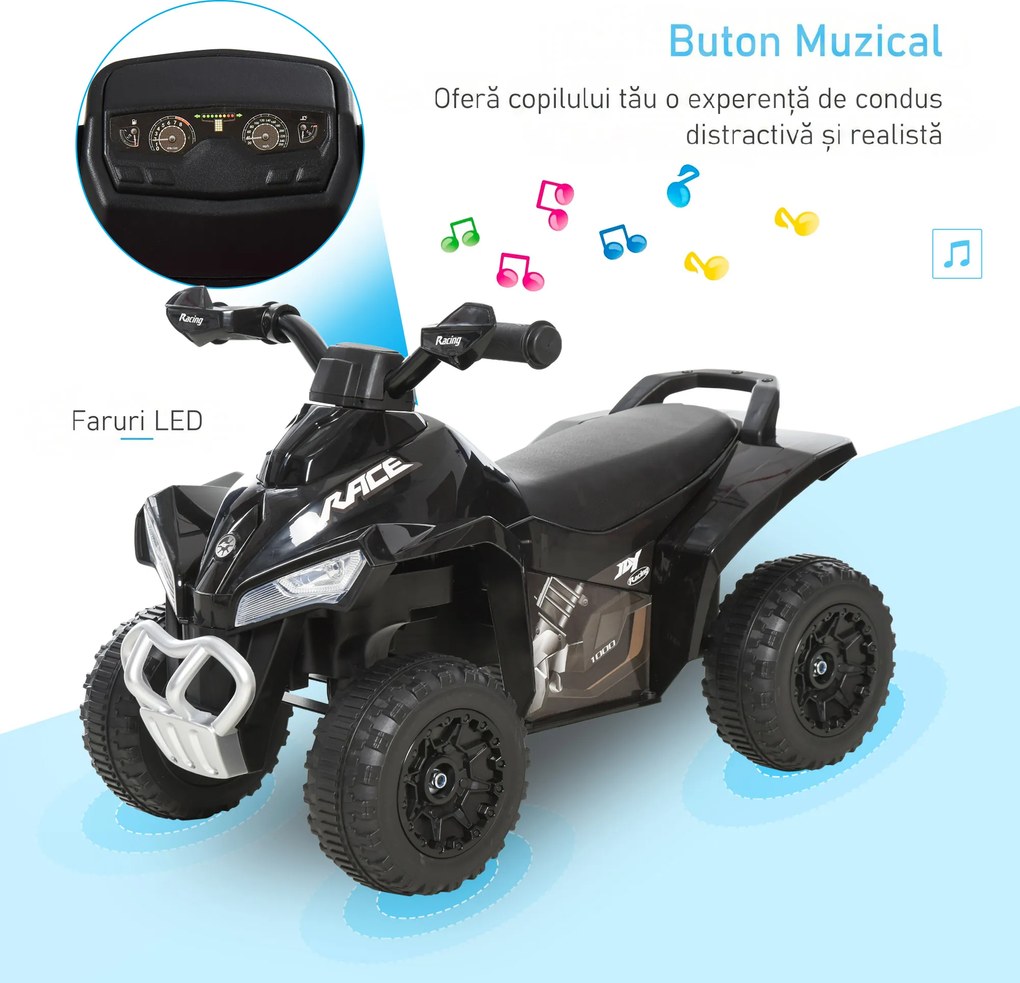 HOMCOM Mini quad pentru copii 18-36 luni, fără pedale, cu muzică și mânere late, PP și metal, negru | Aosom Romania