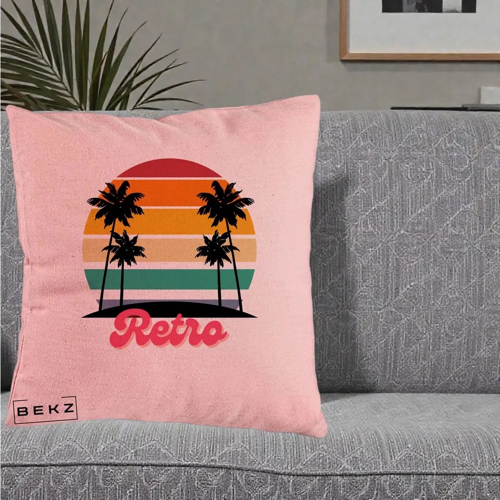 Perna Decorativa Retro Sunset Palmieri, 40x40 cm, Roz, Husa Detasabila, Perna Inclusa, BEKZ®
