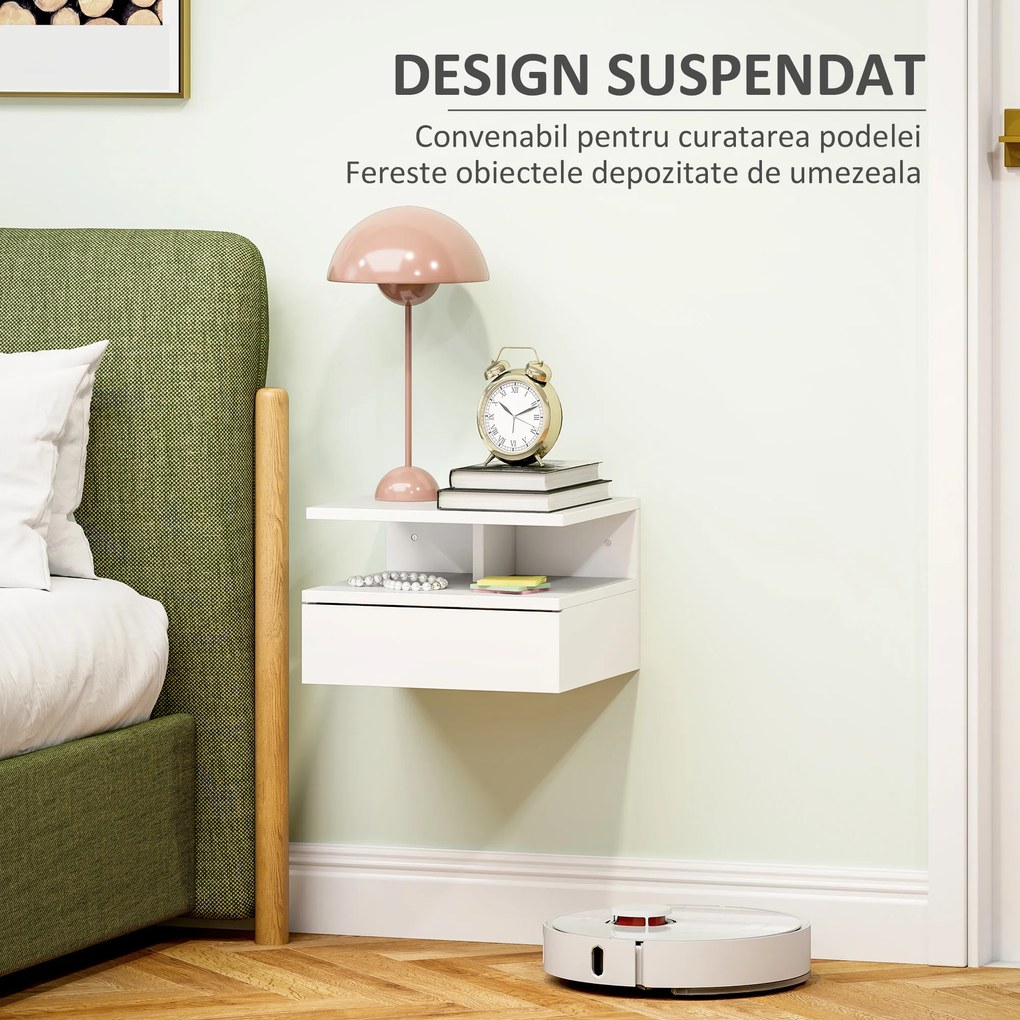 HOMCOM Noptieră Suspendată cu Sertar și Raft Superior din Lemn, 35x32x22,5 cm, Alb | Aosom Romania