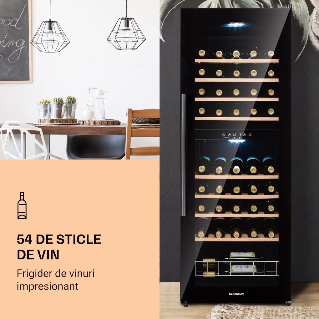 Klarstein Barossa 54 Duo, Frigider pentru vin, 2 zone, 148 litri, 54 sticle cu ecran tactil