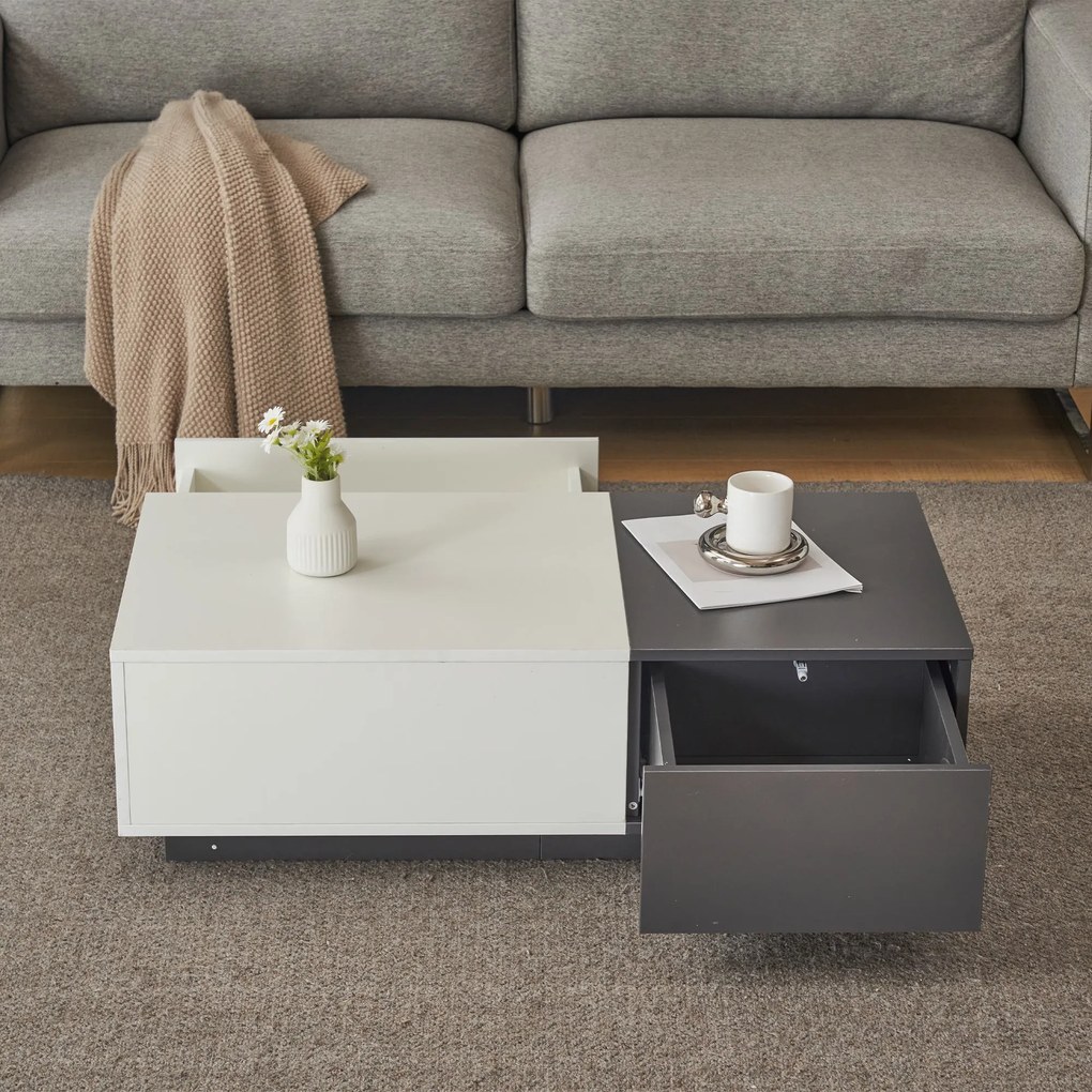 Măsuță de cafea modernă dreptunghiulară cu 2 sertare, 100×50×30 cm, Alb+gri