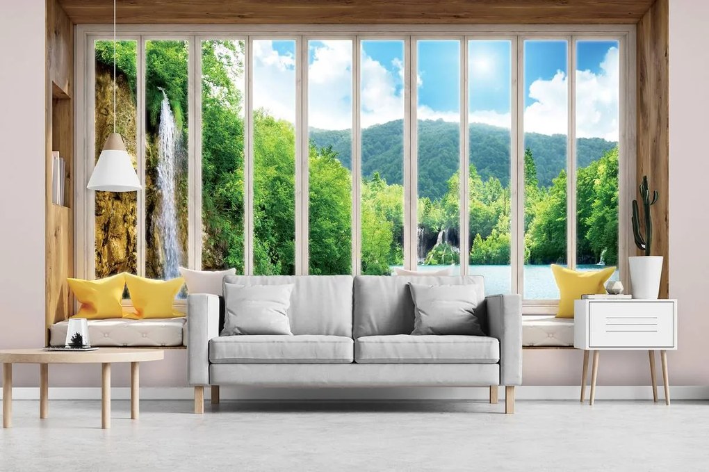 Fototapet - Privire spre cascadă - geam (152,5x104 cm)