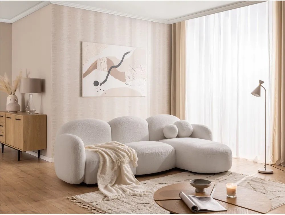 Colțar crem cu tapițerie din țesătură bouclé (cu colț pe partea dreaptă/cu șezlong) Orbit – Ropez