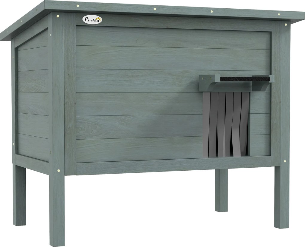 PawHut Casa pentru pisici adăpost de exterior din lemn ridicată cu acoperiș deschis izolată 85 x 50 x 68,5 cm gri închis și negru | Aosom Romania