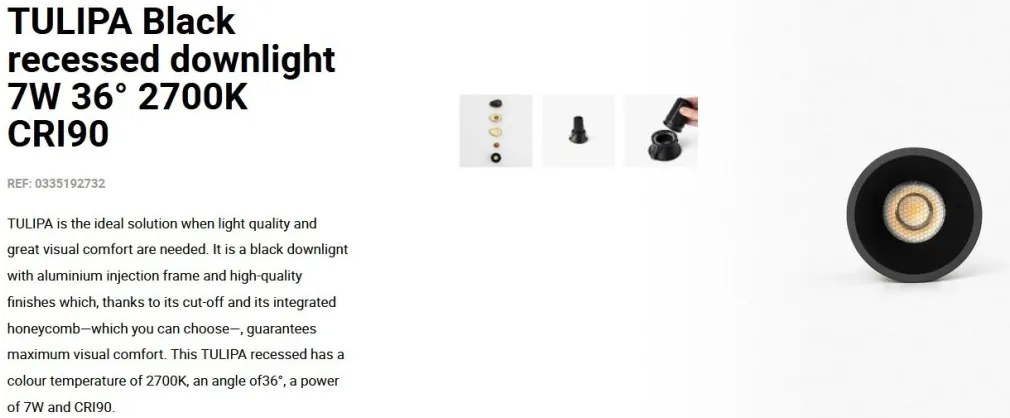 Spot LED incastrabil TULIPA Black recessed downlight 7W 36° 2700K CRI90