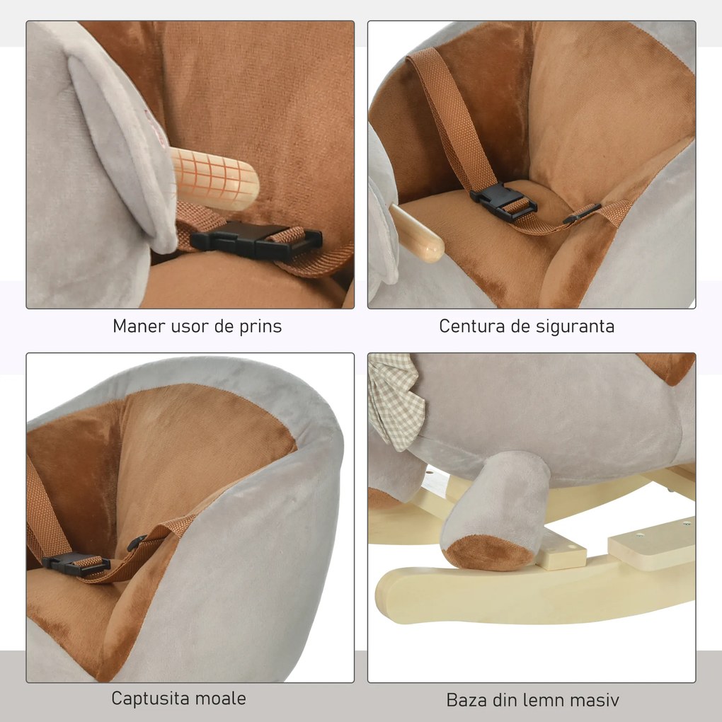 HOMCOM Cal tip Balansoar in Forma de Urs pentru Copii 18-36 luni Interactiv, Gri, 60x33x50cm | Aosom Romania