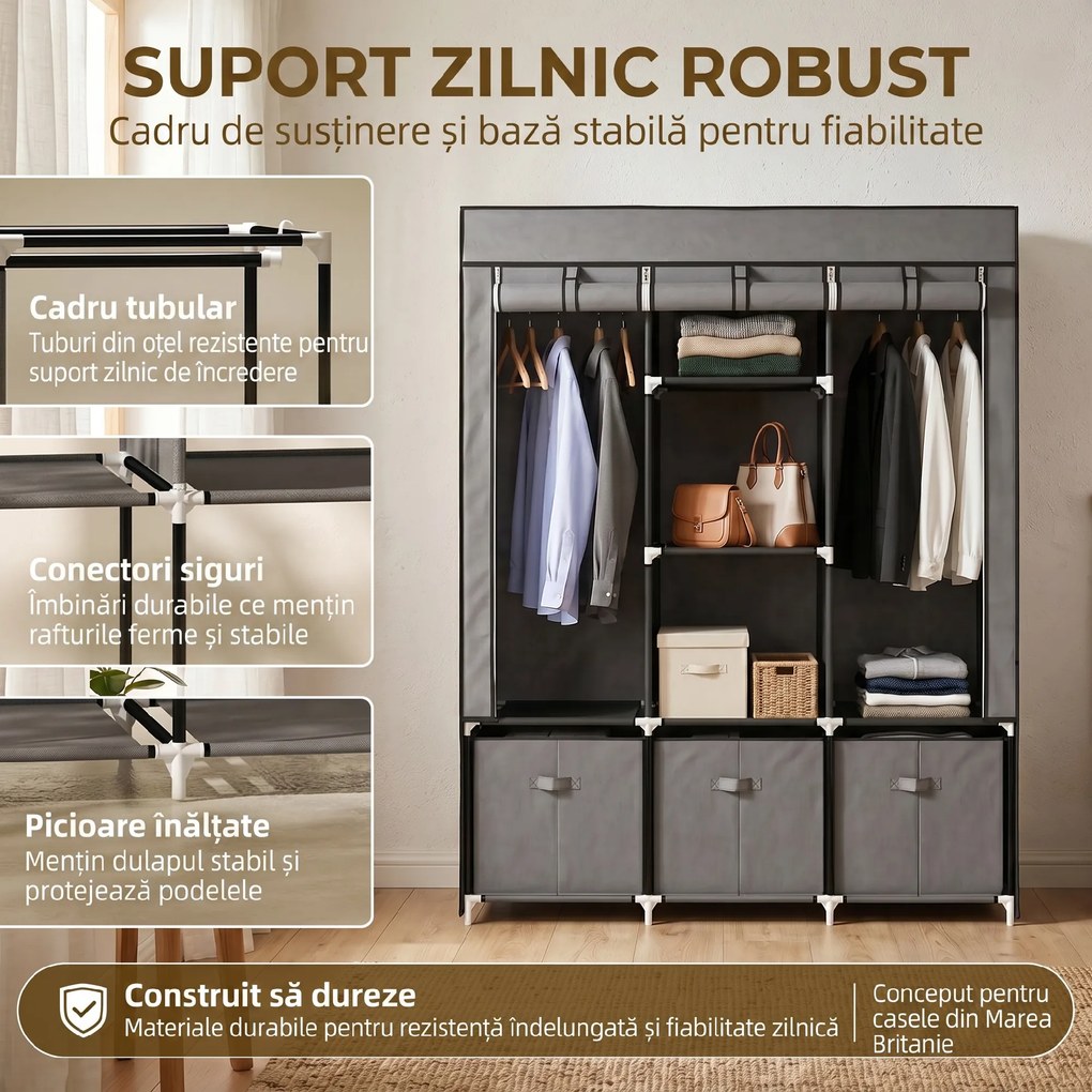 HOMCOM Șifonier din Pânză, Garderob Pliabil cu Rafturi și Sertare, Uși care se Rulează cu Fermoar, 125x43x162.5 cm, Gri | Aosom Romania