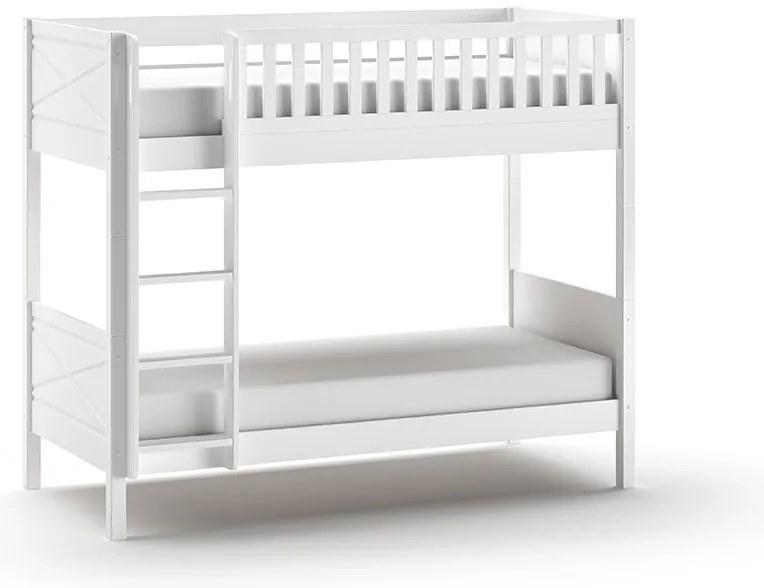 Pat supraetajat pentru copii SCOTT, alb, 90 x 200 cm, din pin scandinav și MDF, cu somiere incluse și sertar mare pentru loc de dormit suplimentar –