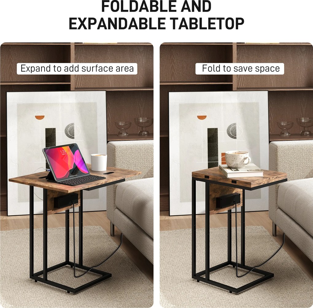 HOMCOM Măsuță de cafea în formă de C, extensibilă, cu 2 stații de încărcare, lemn și metal, 39x29x57 cm, negru și maro | Aosom Romania
