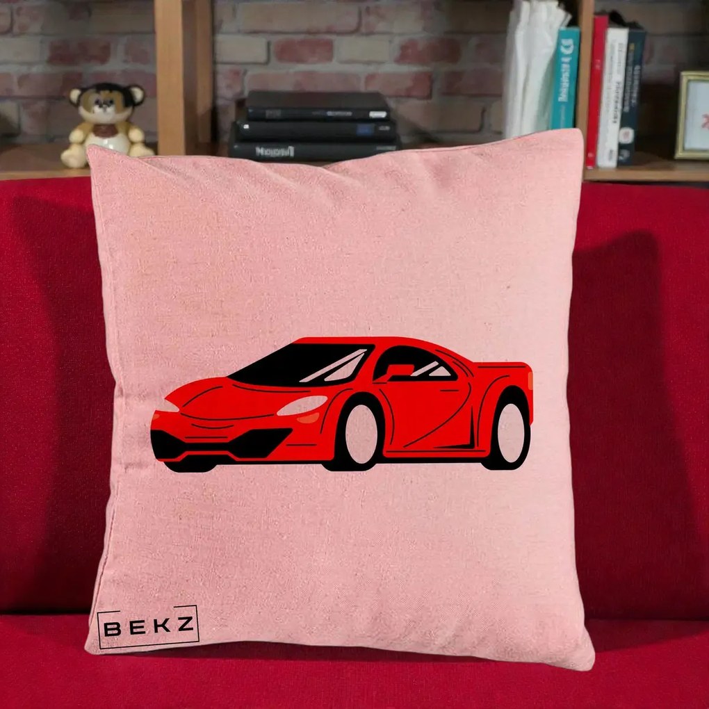 Perna Personalizata Masina Sport Rosie Grafic, 40x40 cm, Roz, Husa Detasabila, Perna Inclusa, BEKZ®