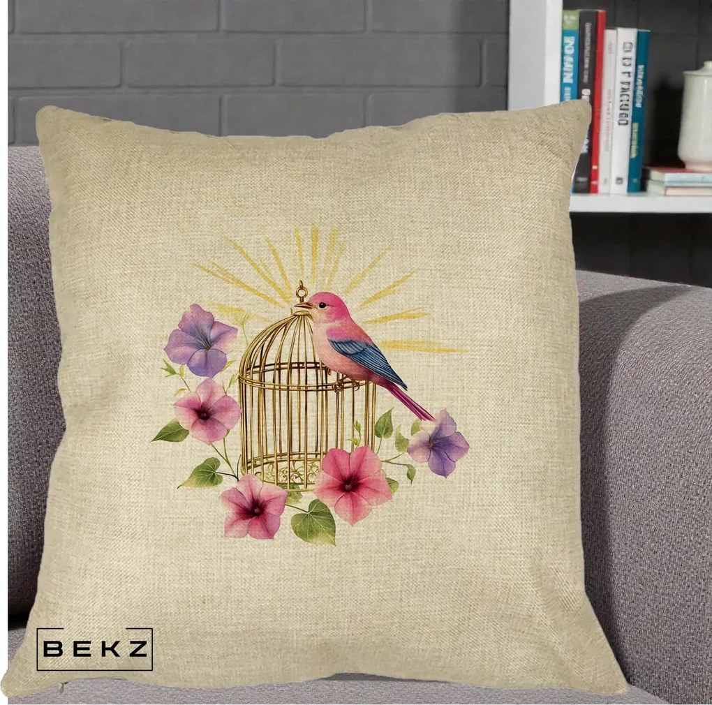 Perna Decorativa Pasare Roz pe Colivie Aurie cu Flori, 40x40 cm, Crem, Husa Detasabila, Perna Inclusa, BEKZ®