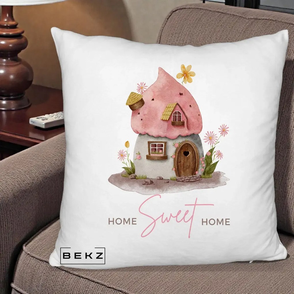 Perna Decorativa Home Sweet Home Casuta, 40x40 cm, Alb Pufos, Husa Detasabila, Perna Inclusa, BEKZ®