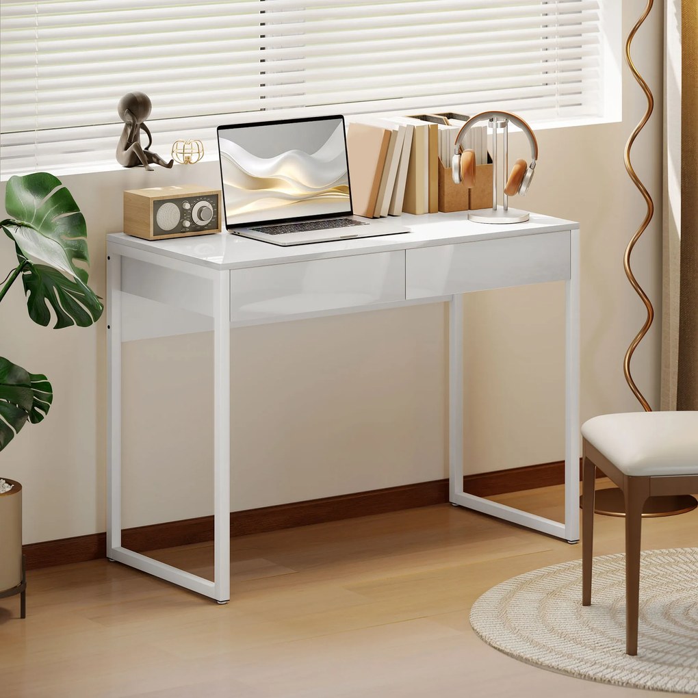 HOMCOM Birou Modern cu 2 Sertare și Picioare din Oțel, 100x50x75 cm, Alb Lucios | Aosom Romania