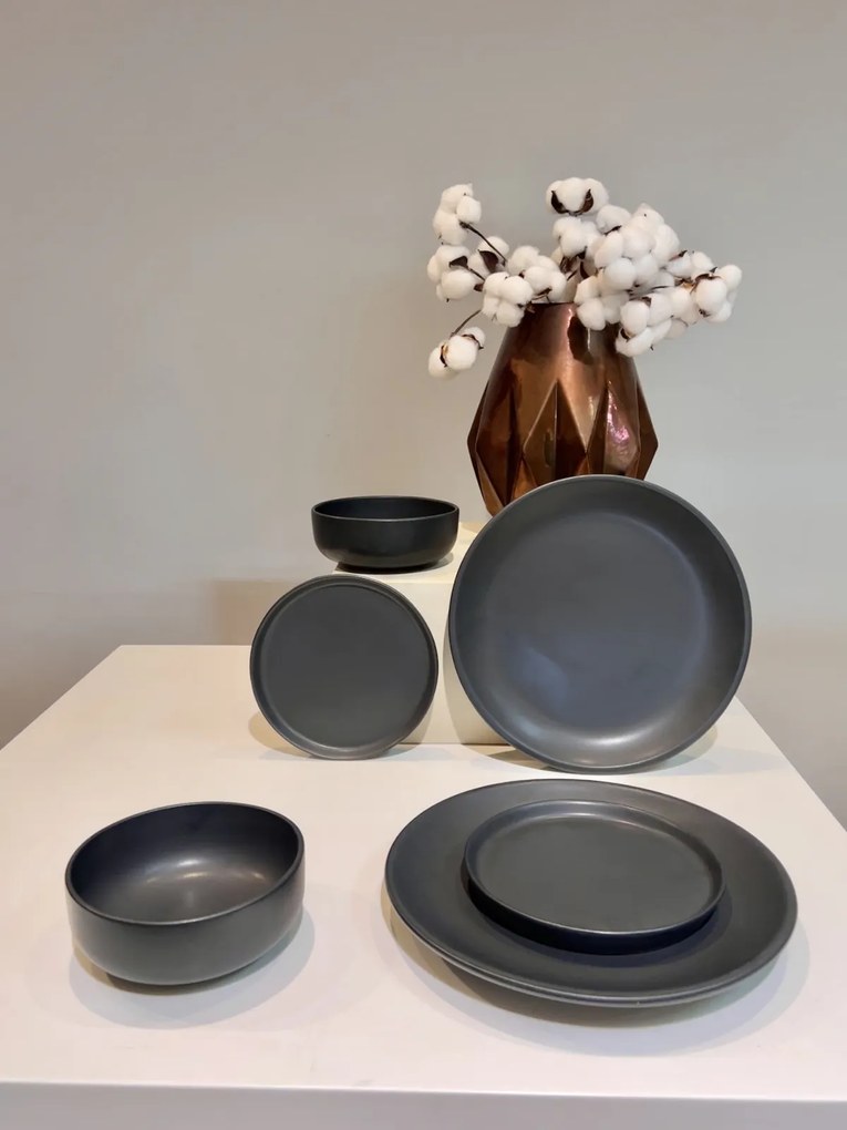Set Farfurii 3 piese Vulcano Duo, Ceramica Negru Mat Glazurat Manual ( Farfurie Atena 30cm, Farfurie Mica Ceramica 20 cm, Bol Ceramica 4050)