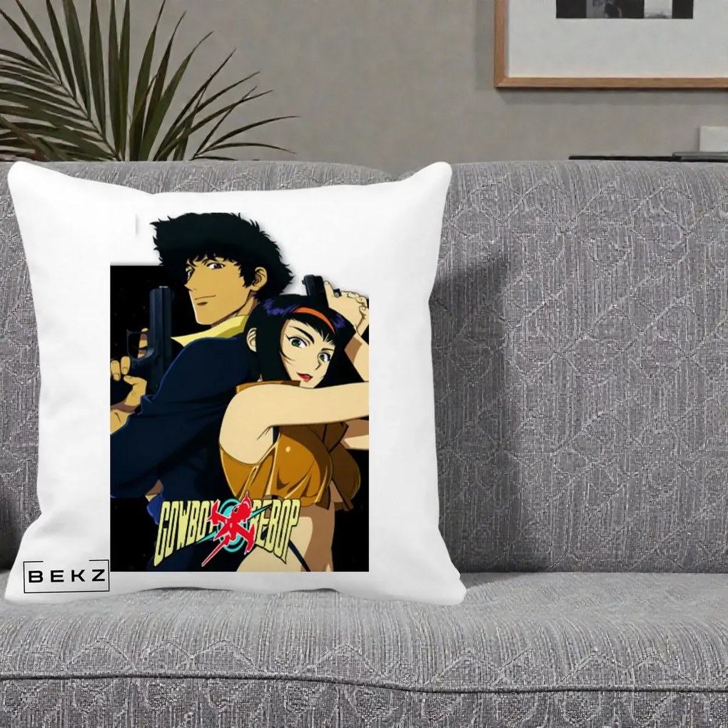 Perna Personalizata Cowboy Bebop Spike si Faye Poster, 40x40 cm, Alba Mata, Husa Detasabila, Perna Inclusa, BEKZ®