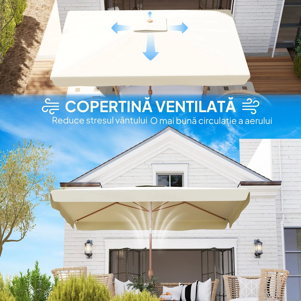 Outsunny Umbrelă de Grădină 2x3 m Înclinabilă cu Deschidere cu Manivelă, Ventilare și Margini Plisate, Anti UV 50+, Aluminiu și Poliester 180 g/㎡, Bej | Aosom Romania