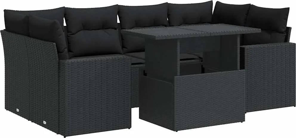 vidaXL Set canapele de grădină cu perne, 7 piese, negru, poliratan