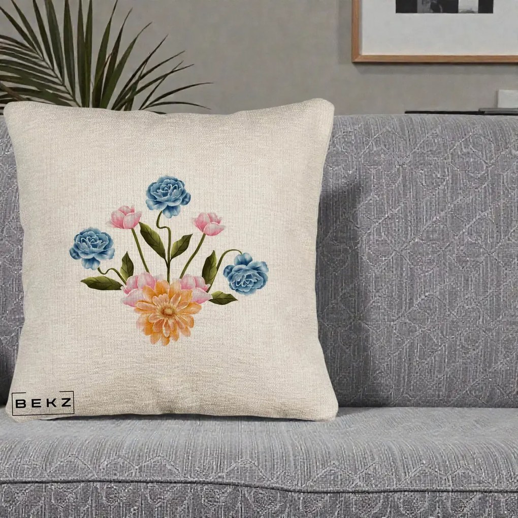 Perna Decorativa Buchet Primavara Acuarela, 40x40 cm, Bej Canapea, Husa Detasabila, Perna Inclusa, BEKZ®