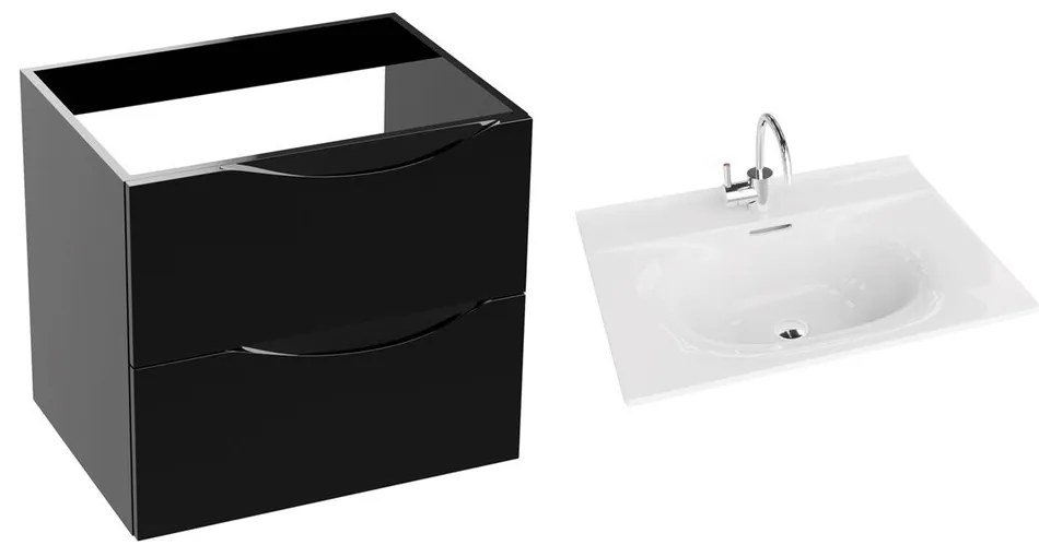 Set dulap baza suspendat Rune Asger 2 sertare 60 cm negru lucios si lavoar alb