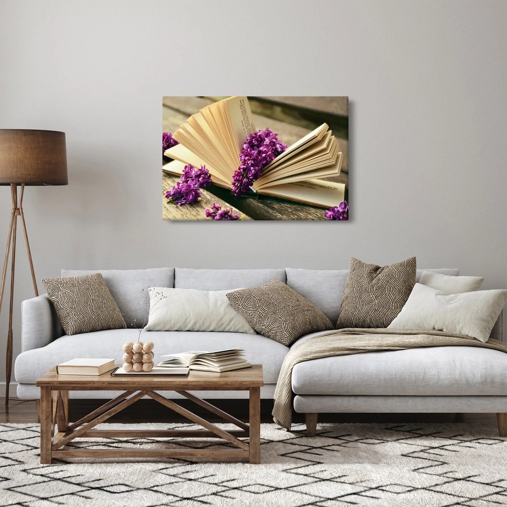 Tablou cu carte și floare violetă (90x60 cm)
