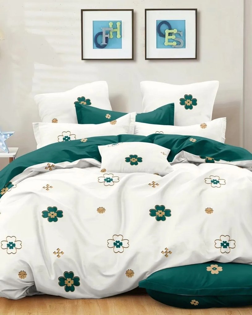 Lenjerie de pat cu 2 fete, tesatura tip finet, pat 2 persoane, alb / verde, 6 piese, FNJ-207