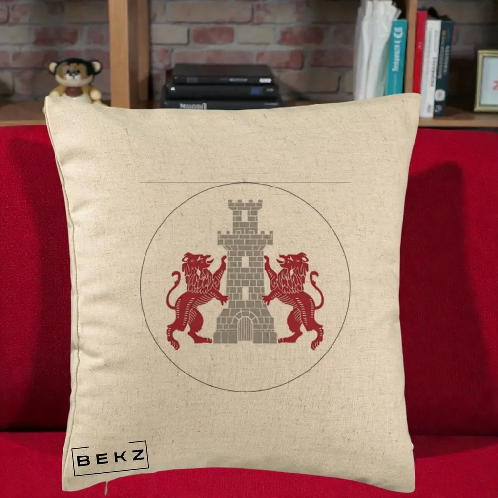 Perna Personalizata Cetatea Turnu Magurele Heraldic, 40x40 cm, Bej, Husa Detasabila, Perna Inclusa, BEKZ®