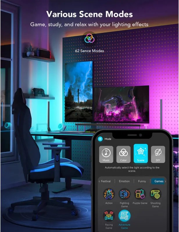 Set 2 Smart LED lampi gamer Govee RGBIC H6047, 24 W, Segmente de culoare adresabile, Wi-Fi, Bluetooth, Govee Home, Negru