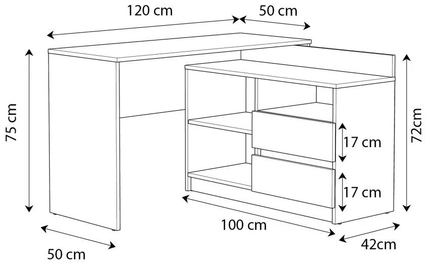 BIA515 - Birou pe colt, stanga/dreapta, 120x105x75 cm, masa de calculator cu 2 sertare, office - Alb