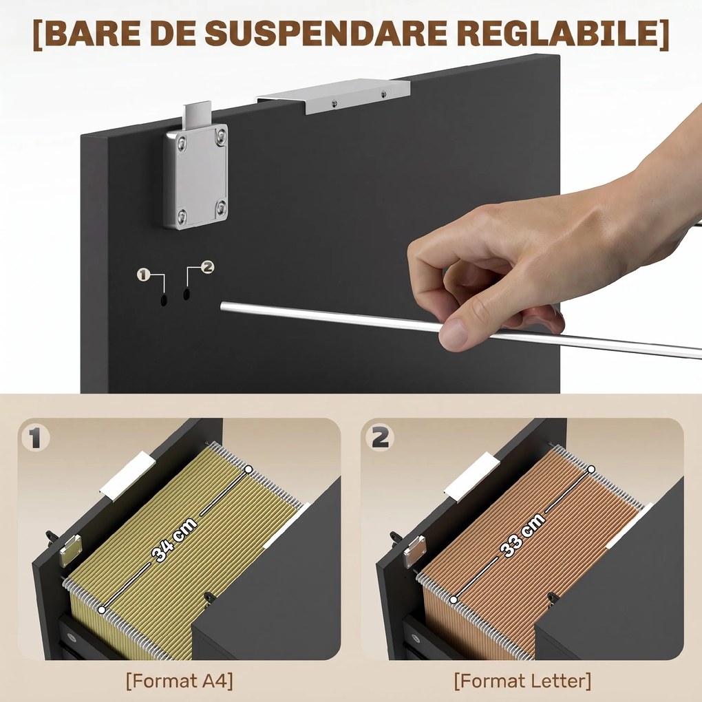HOMCOM Dulap pentru Documente cu 2 Sertare, Încuietoare și Roți cu Frână, pentru dosare A4 și Letter, Negru | Aosom Romania