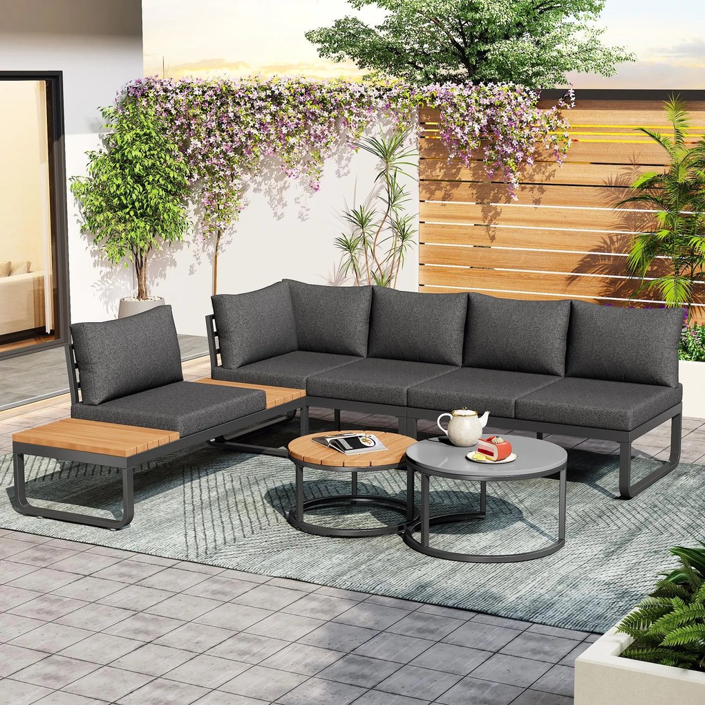 Set de mobilier de grădină pentru 4-5 locuri, 2 mese de cafea integrate, perne de șezut și perne confortabile, Gri