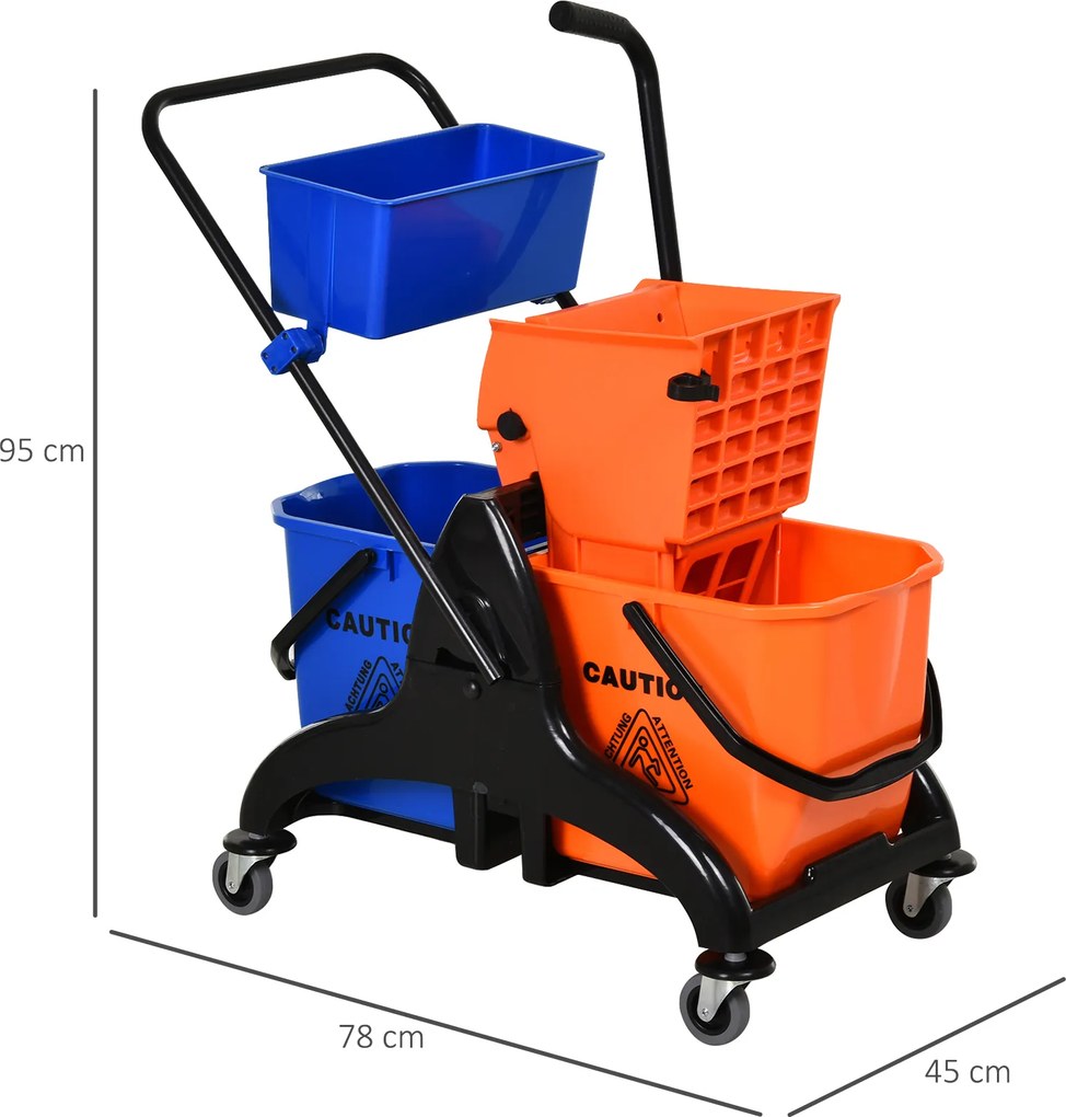 HOMCOM Cărucior Profesional de Curățenie cu 2 Găleți de 26L, Cărucior cu Presă, Mâner și 4 Roți Universale, pentru Hotel, Casă, Birou, 78x45x95 cm, Portocaliu și Albastru | Aosom Romania