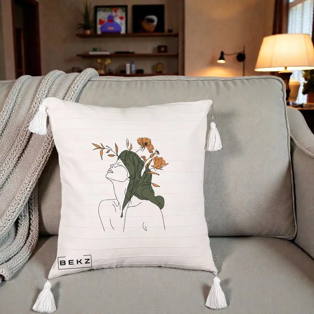 Perna Decorativa Portret Feminin Profil Flori Portocalii, 40x40 cm, Bej cu Franjuri, Husa Detasabila, Perna Inclusa, BEKZ®