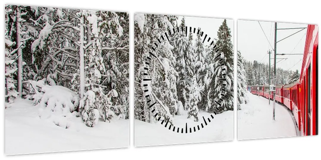 Tablou - Tren într-un peisaj înzăpezit (cu ceas) (90x30 cm)
