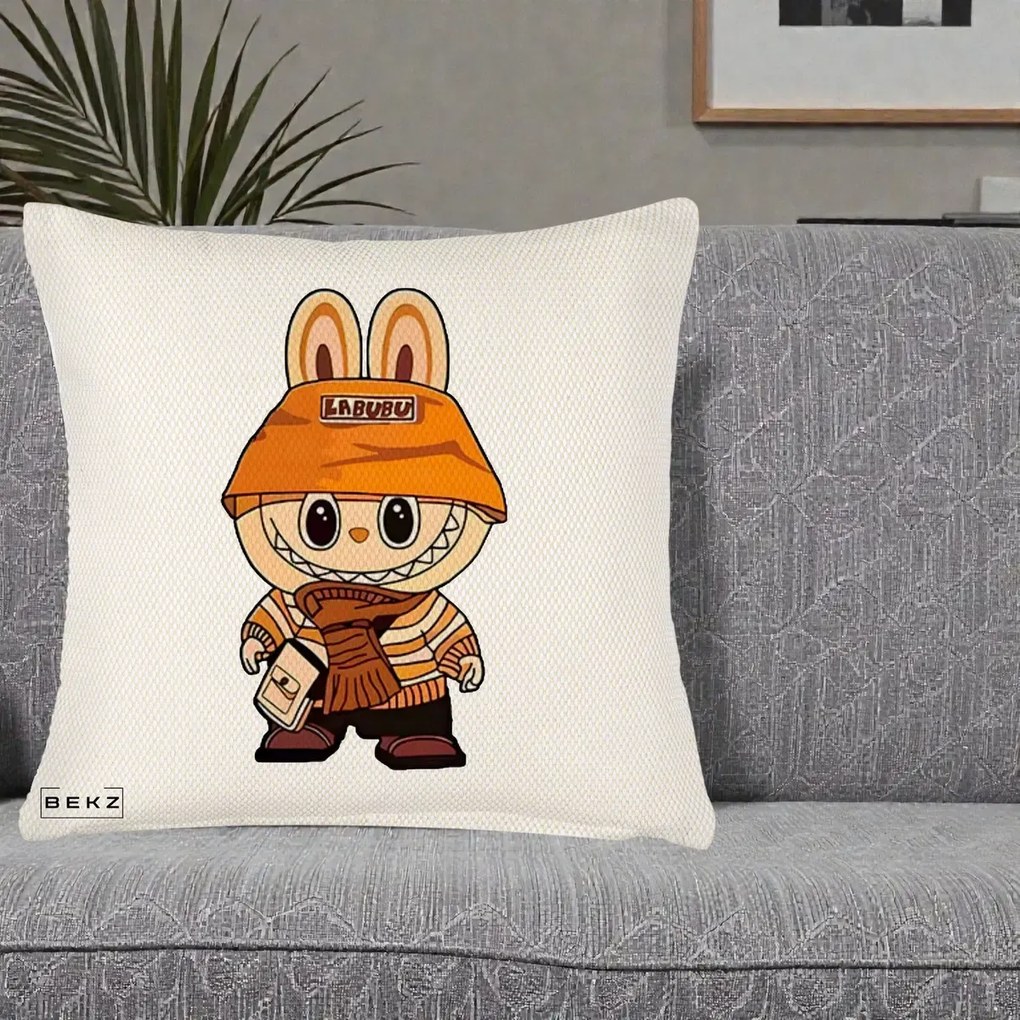 Perna Personalizata Labubu Streetwear Portocaliu, 40x40 cm, Crem Reliefat, Husa Detasabila, Perna Inclusa, BEKZ®
