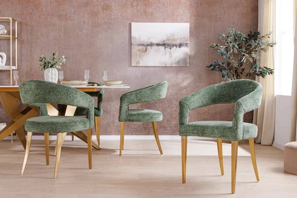 Set 2 scaune, Stofa Structurata, Verde, Metal, Auriu, BOUTIQUE, A-45924 VC