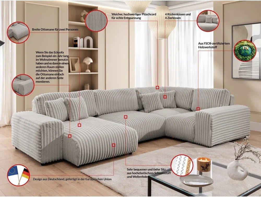 Colțar gri deschis cu tapițerie din catifea reiată (cu colț pe partea dreaptă/în formă de "U") Justin – Ropez