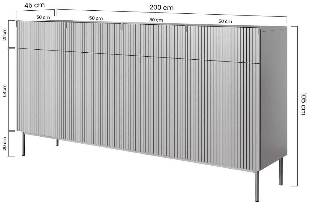 Comodă Nicole 200 cm cu patru sertare - MDF salvie / picioare aurii