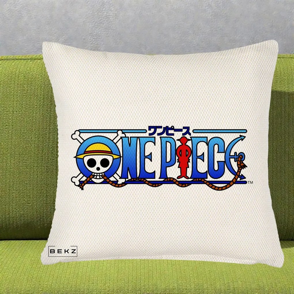 Perna Personalizata One Piece Clasic Albastru, 40x40 cm, Crem Reliefat, Husa Detasabila, Perna Inclusa, BEKZ®