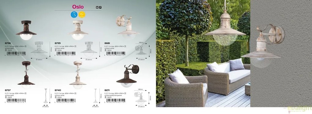 Lustra, Pendul de exterior cu protectie IP44, finisaj alb antic, diametru 24cm, Oslo 8740 RX