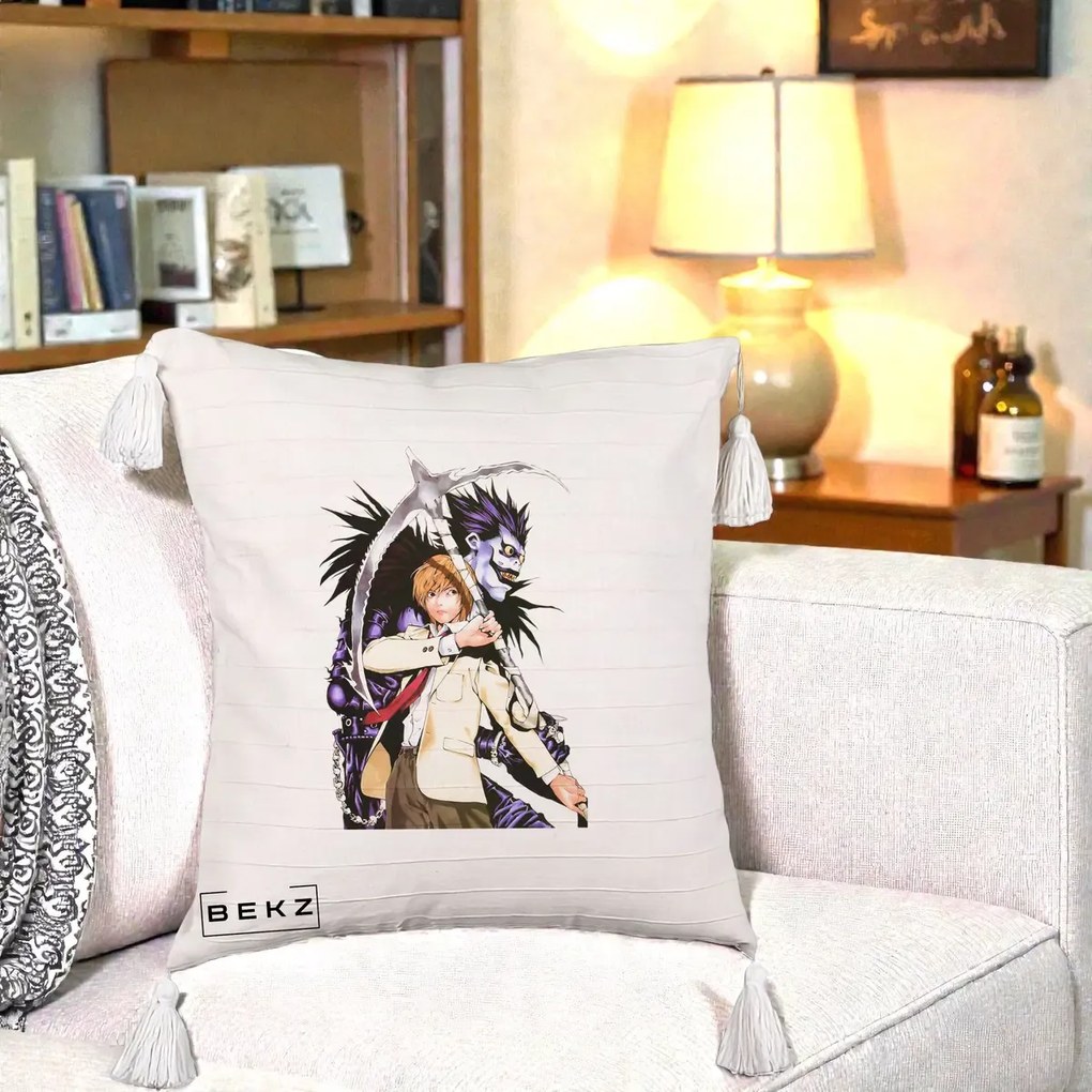 Perna Personalizata Death Note Light si Ryuk Duo, 40x40 cm, Bej cu Franjuri, Husa Detasabila, Perna Inclusa, BEKZ®