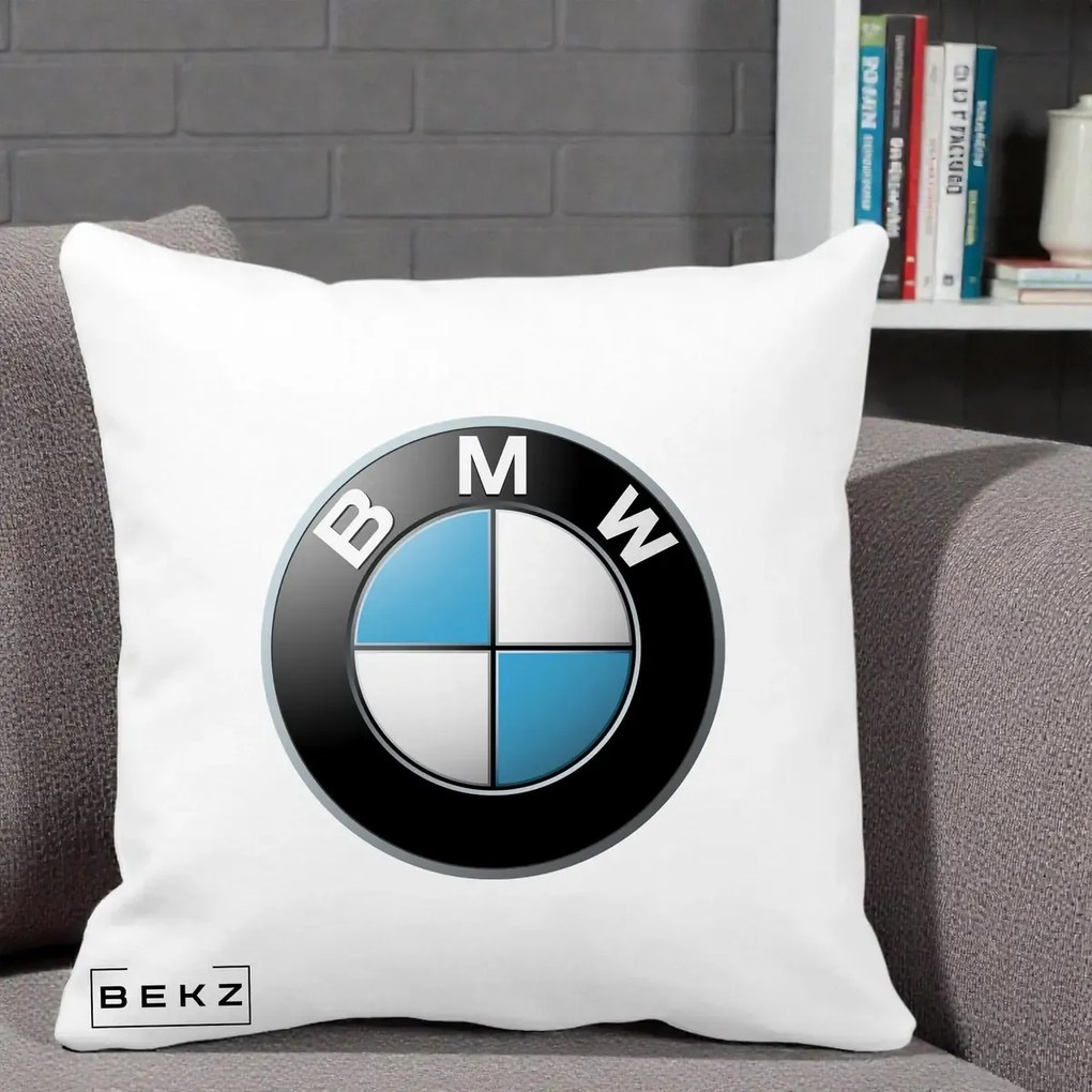 Perna Personalizata cu emblema BMW, 40x40 cm, Alba Mata, Husa Detasabila, Perna Inclusa, BEKZ®