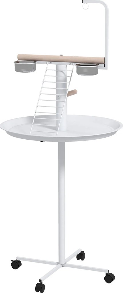 PawHut Manoniera pentru păsări pe suport cu 4 role perche 2 bols detasabile tava rotundă din oțel inoxidabil Ø 60 x 138A cm alb | Aosom Romania