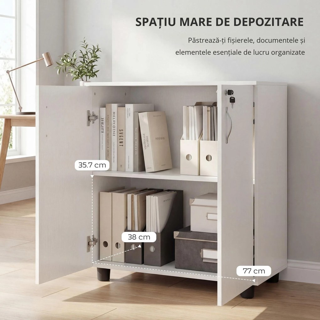 HOMCOM Mobilier de birou multifunctional cu Incuietoare, Dulapior pentru documente cu 2 usi si Raft interior, din Lemn, Alb, 80x40x80cm